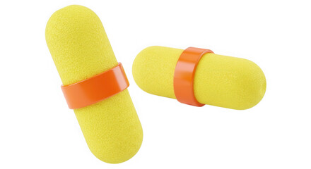Two yellow earplugs with orange band isolated on transparent background