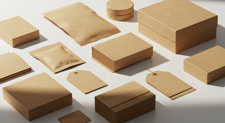 Eco-Friendly Packaging Display: An organized presentation of various eco-conscious packaging options, including boxes, tags, and envelopes, crafted from sustainable materials.
