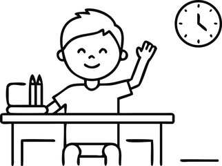Boy Raising Hand at Desk with Books and Clock child student