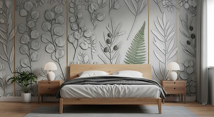 Ai generated image of modern bedroom interior with botanical textured wall art