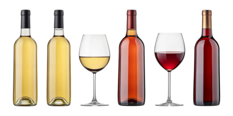 Assorted Wine Bottles and Glasses – Elegant Display of Red, White, and Rosé for Beverage Branding and Promotion