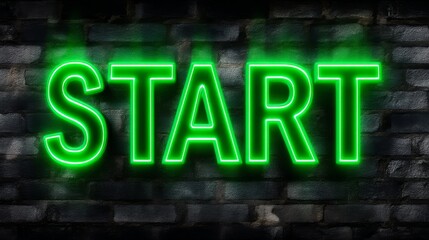 Obraz premium Glowing Green Neon Start Text on Dark Background with Textured Visual Effect