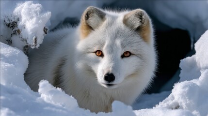 Obraz premium Arctic Fox With Striking Orange Eyes Peering From Snowy Burrow In A Winter Wonderland