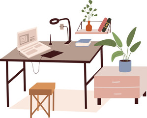 Workplace Setup Vector – Computer Desk and Office Equipment