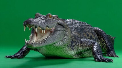 Obraz premium Crocodile Slowly Opening Its Jaws Showcasing Sharp Teeth Against Vibrant Green Background