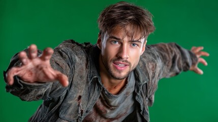 Zombie-like Figure Reaching Forward with Distressed Expression and Torn Clothing on Green Screen Background