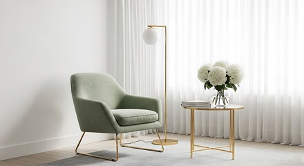 A stylish green armchair with a floor lamp and flowers
