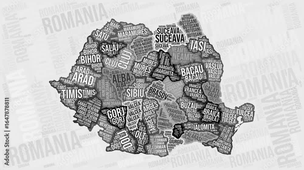 Poster romania animation. visual effect of romania regions appearing in black and white word clouds style. 