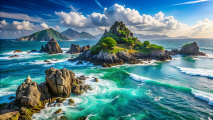 Emerald ocean waves crash against rocky islands under a blue sky rocks green