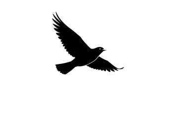 Fototapeta premium Graceful black silhouette of a bird soaring with wings spread wide against a clean white background, embodying freedom and aspiration