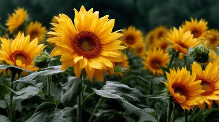 Fototapeta premium Vibrant Sunflower Field in Natural Growth with Dew on Blooms Under Soft Morning Light