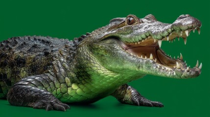 Naklejka premium Close-Up of a Crocodile Slowly Opening Its Jaws with Sharp Teeth Against a Green Background