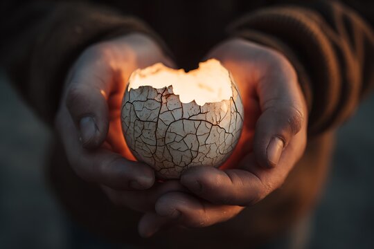 Delicate hands cradle a cracked egg glowing with warm inner light, symbolizing hope and new beginnings