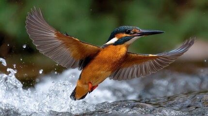 Fototapeta premium Kingfisher Bird Diving into a River with Vibrant Plumage and Dynamic Wing Movement