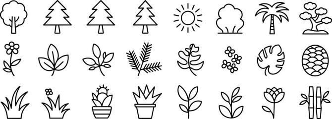Minimal nature icon set with trees, leaves, flowers, plants, and outdoor elements in clean outline style for eco illustrations