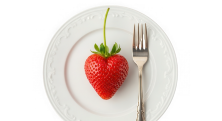 Strawberry heart shape with fork on plate isolated on transparent background