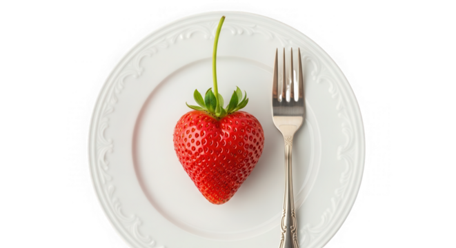 Strawberry heart shape with fork on plate isolated on transparent background