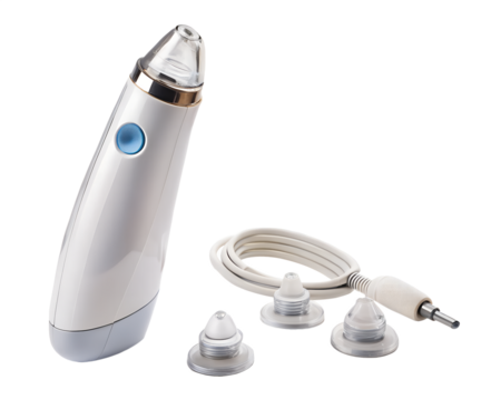 Facial skincare device with multiple tips and cord isolated on transparent background