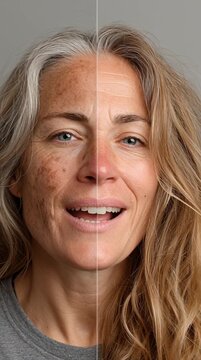 Woman's face showing before and after skin treatment comparison