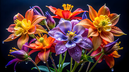 Vibrant columbine flowers with water droplets purple orange