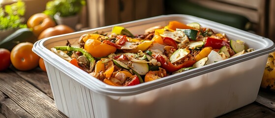 Mixed Roasted Vegetables in Plastic Container.
