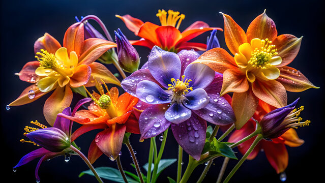 Vibrant columbine flowers with water droplets purple orange