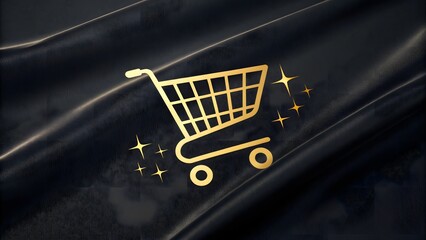Golden shopping cart on luxurious dark fabric
