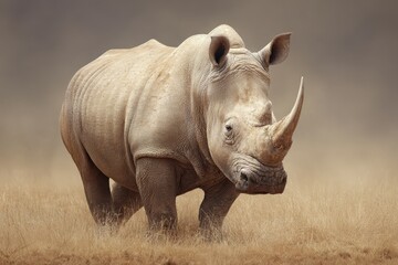 Naklejka premium Majestic white rhinoceros stands confidently in an open savannah landscape showcasing its strength and beauty during the golden hour