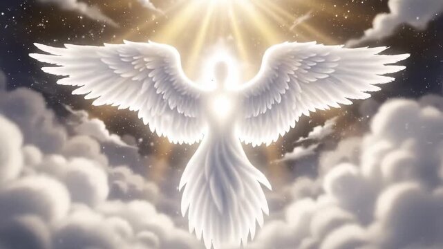 Glorious Archangel in Heavenly Clouds - This illustration features a radiant archangel with magnificent wings, emerging from a backdrop of ethereal clouds.
