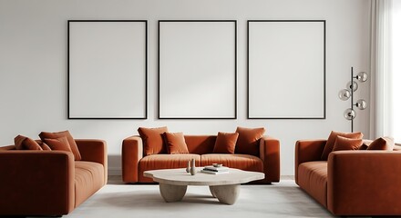 Modern living room with three orange sofas and a stone coffee table