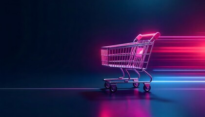 Neon shopping cart in motion, concept of speed and commerce