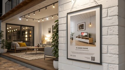 Empty Mock Up Picture Frame on Cozy Colored Living Room's Wall