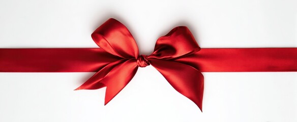 The red satin bow on a horizontal ribbon over a clean white background