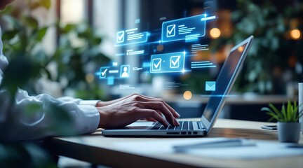 A person is working on a laptop with digital checklist icons floating above the keyboard