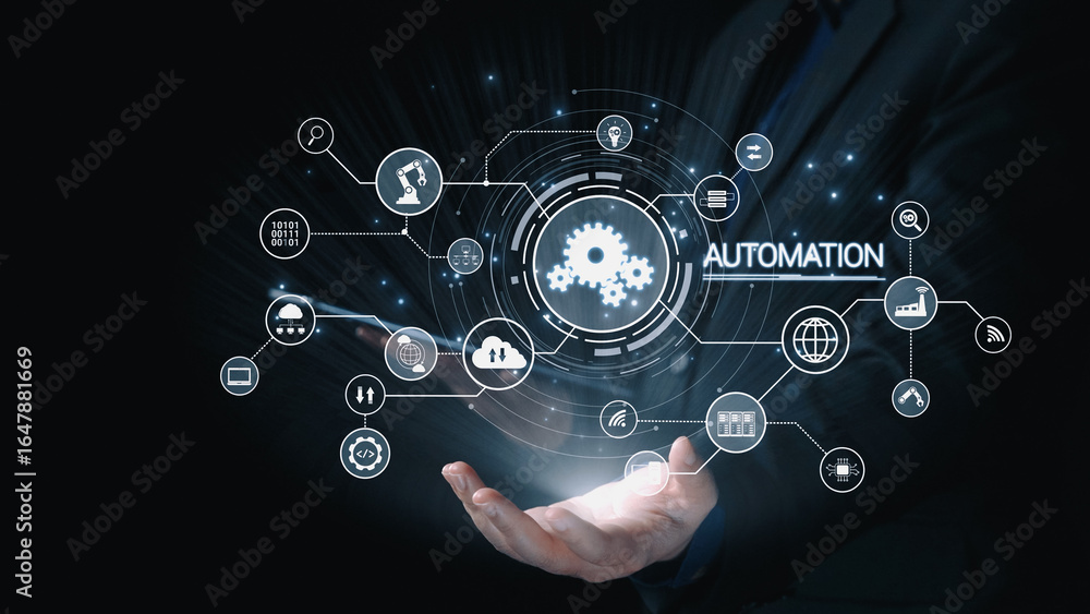 Poster modern automation drives workflow efficiency by connecting systems, people, and data. with intellige