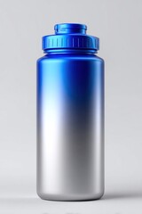Blue and silver reusable water bottle on white background