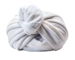 Soft grey towel tied in a knot for drying hair, isolated on transparent background