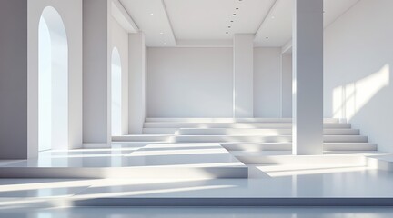 Fototapeta premium A modern minimalist interior features a bright white space with geometric shapes and clean lines