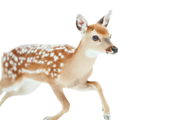 A young fawn with spotted fur gracefully running in a snowy setting.
