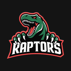 Fierce green raptor mascot logo, aggressive dinosaur head with sharp teeth and claws, sports team emblem, modern vector illustration design