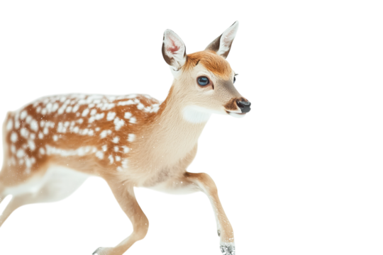 A young fawn with spotted fur gracefully running in a snowy setting.