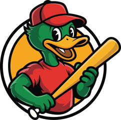 Cartoon green duck baseball mascot, wearing red shirt and cap, holding yellow bat, sports team logo, fun vector illustration design