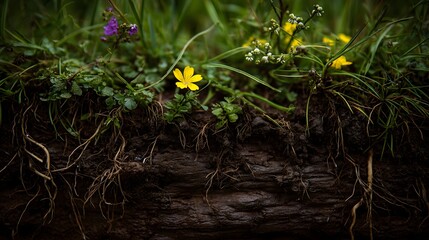 A Glimpse Beneath The Surface Wildflower Meadow Revealing Soil Texture and Root Systems in a Lush Environment
