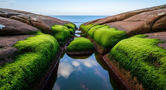 Mosscovered rocks form a channel leading to the sea under a blue sky