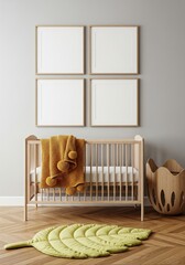 Cozy Nursery Interior: A charming, bright nursery with a wooden crib, fluffy blanket, a decorative leaf-shaped rug, and four blank framed canvases, the scene exudes warmth and peace.