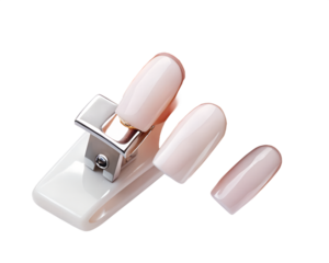 Artificial nail tips in a light pink shade displayed on a white holder, isolated on transparent background