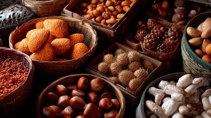 Assorted nuts and seeds in market baskets for organic healthy snack and nutrition lifestyle