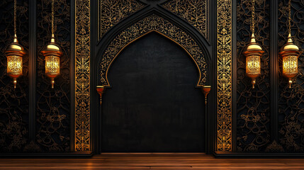 Mystical backdrop with islamic archway and golden lanterns for celebrations for Prophet's Birthday, eid, ramadan