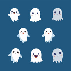 Cute Cartoon Ghost Characters Vector Set Happy Friendly Ghosts Illustrations for Halloween Design and Kids Projects