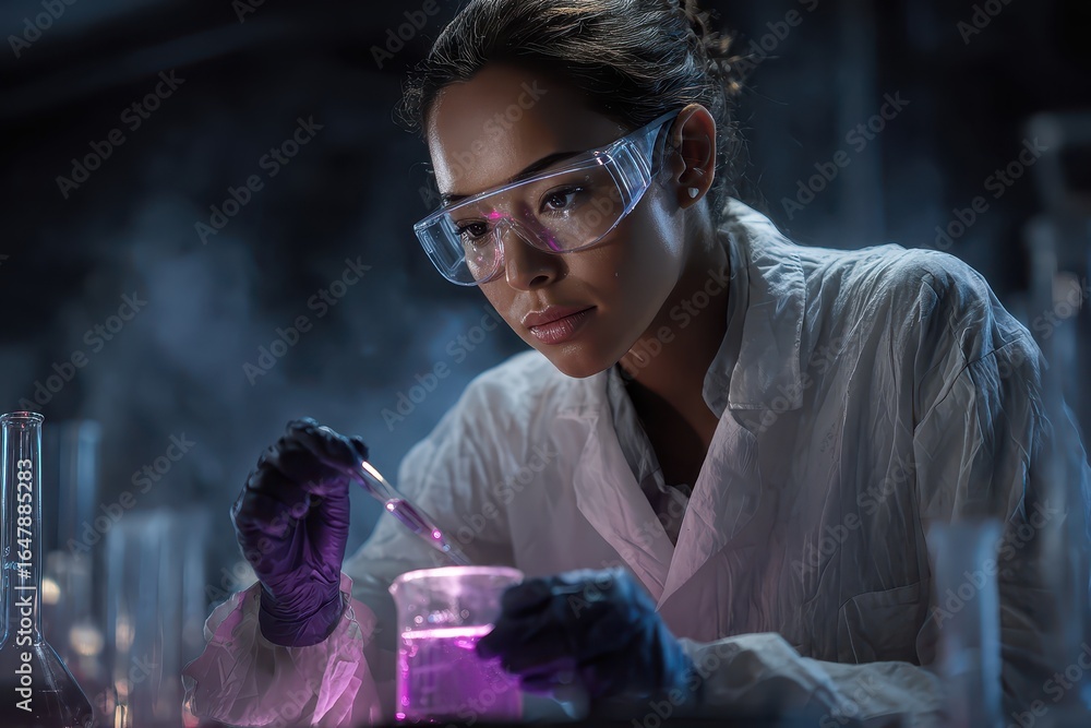 Poster chemical researcher conducts experiment in laboratory with glowing solution using pipette while wear